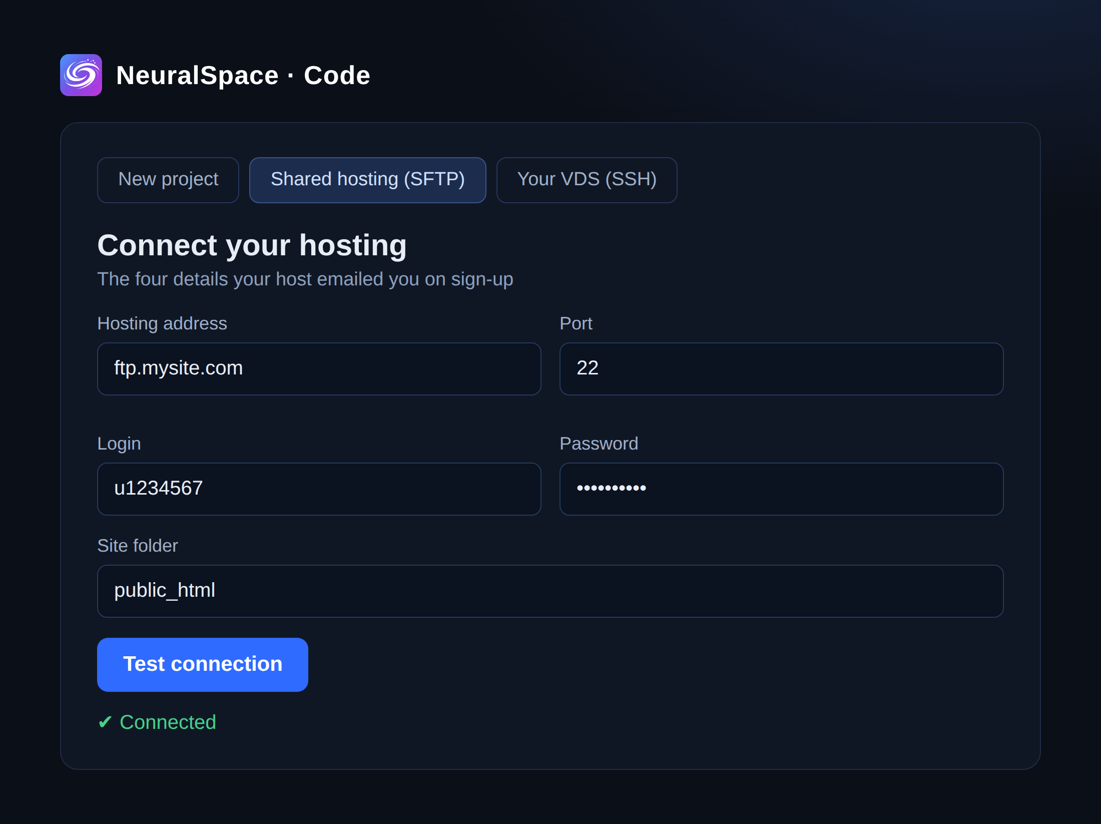 Pannello di connessione hosting tramite SFTP nella sezione Codice NeuralSpace