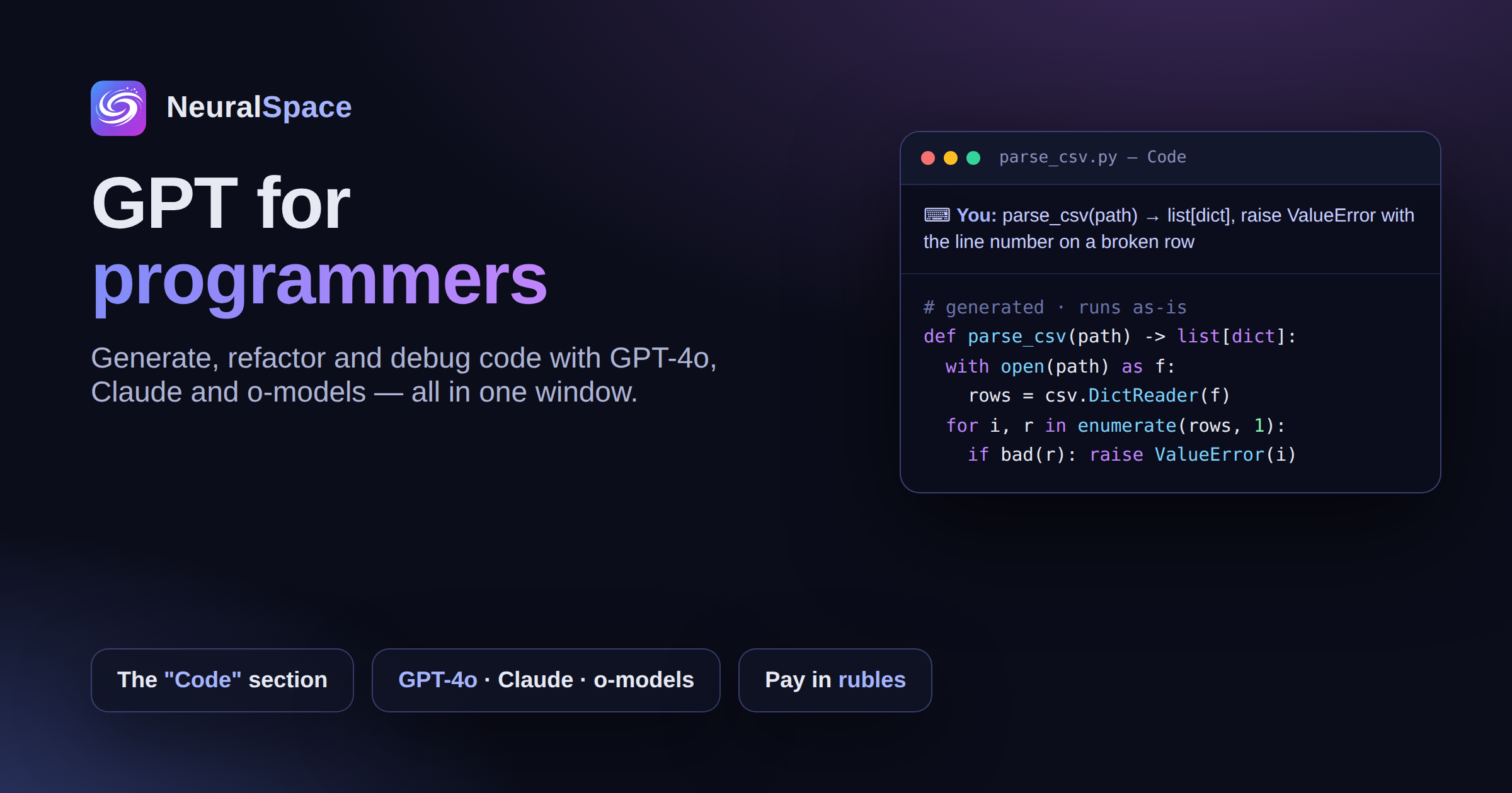 GPT for programmers on NeuralSpace — generate, refactor and debug code with GPT-4o, Claude and o-models in one window