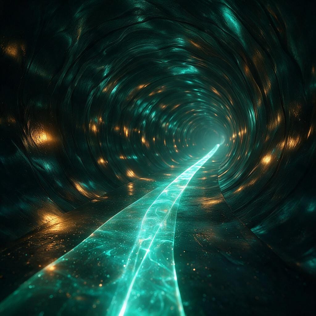 A long glowing ribbon of data running into the distance without breaking
