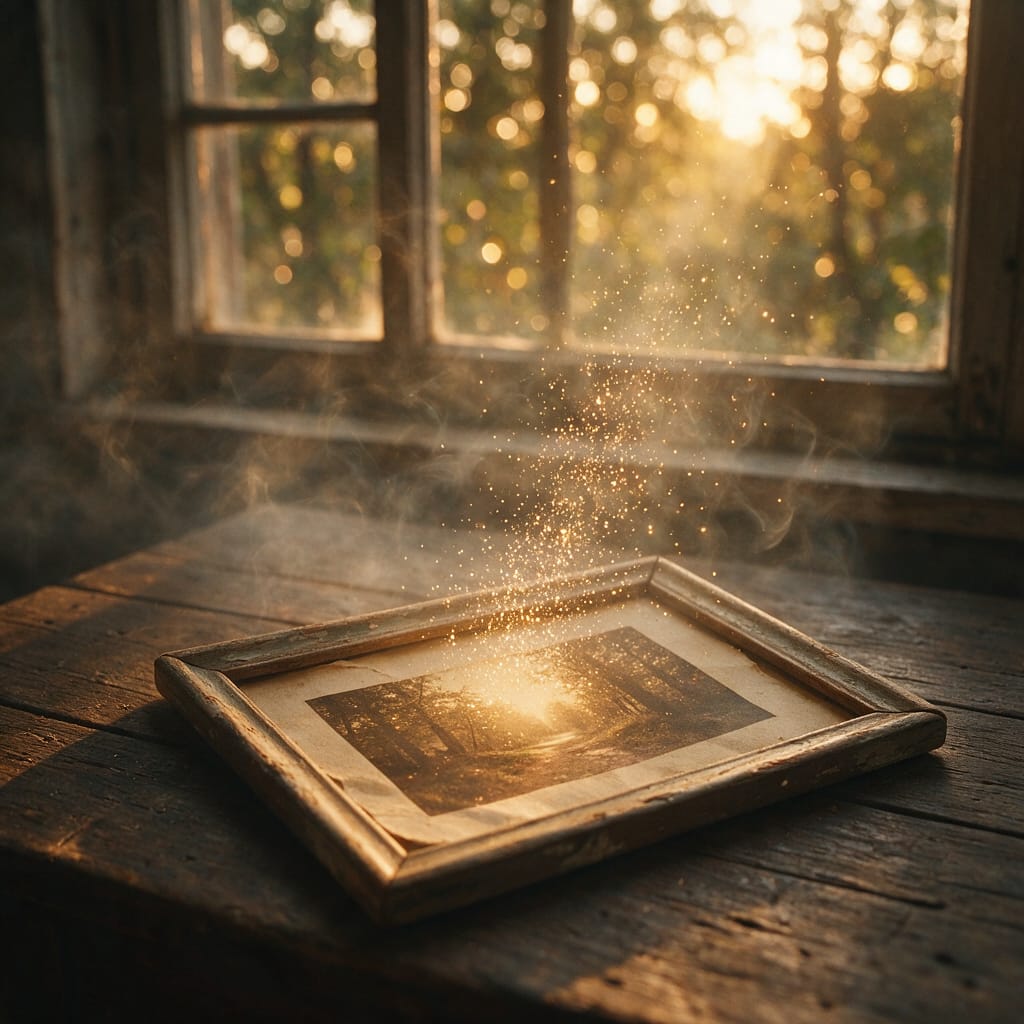Старая фотография на столе, над ней поднимаются светящиеся частицы — метафора оживления снимка