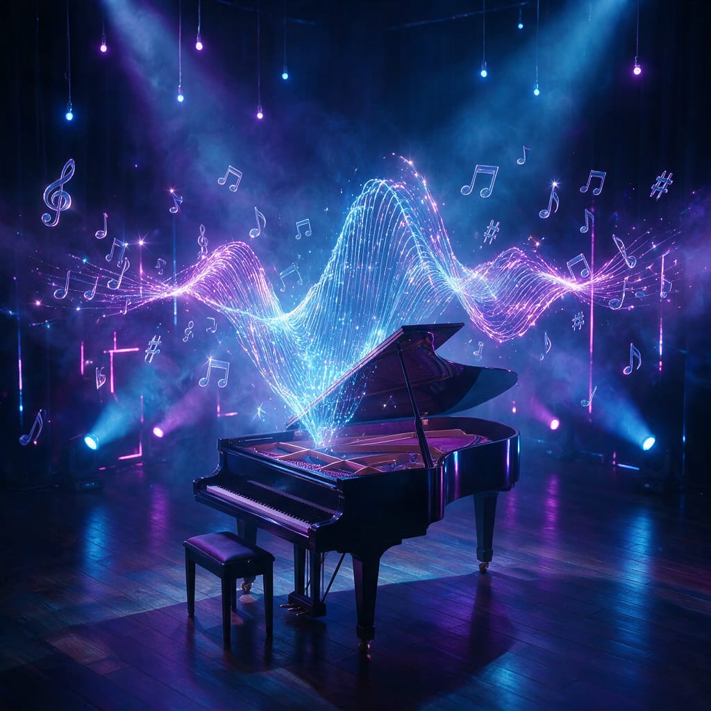 A glowing sound wave above a grand piano in a dark hall — AI music generation
