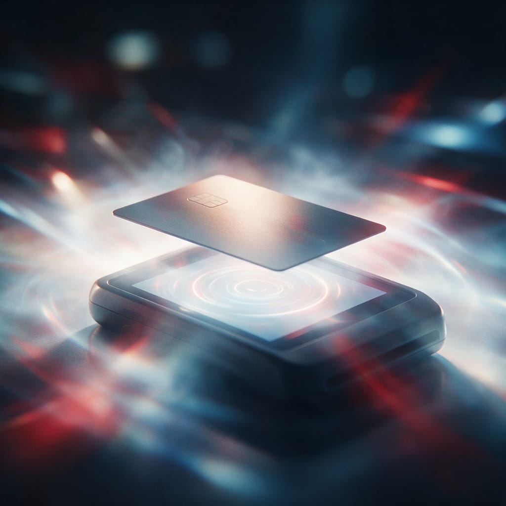 A matte bank card floating over a softly glowing payment terminal — the image of easy card payment