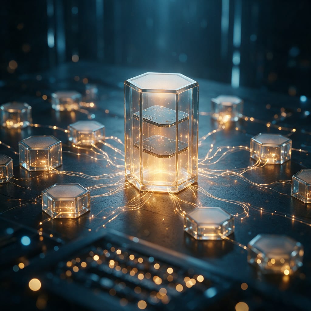 Glowing glass modules linked by streams of data inside a dark arena of autonomous experiments