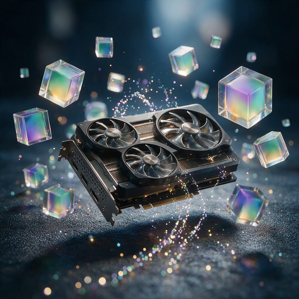 Transparent glass cubes with color gradients floating around a graphics card