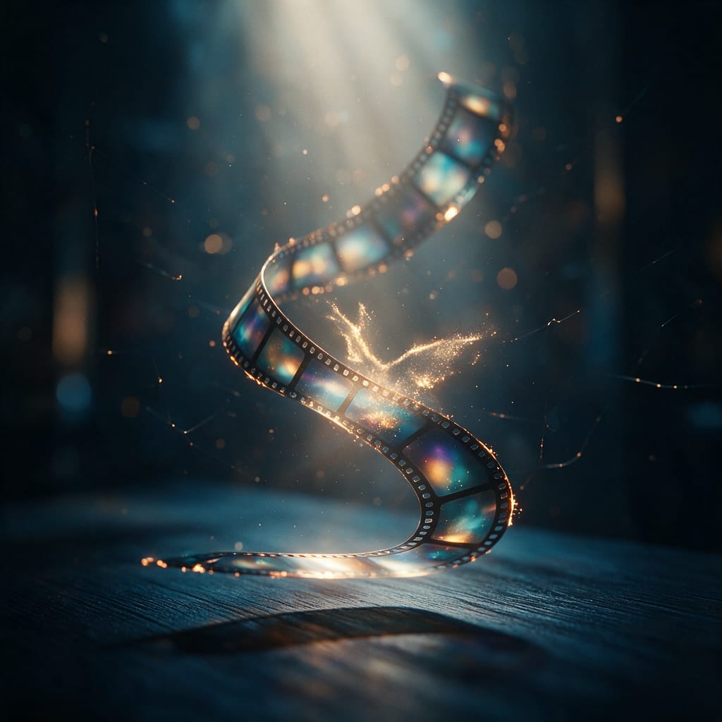A floating glowing film strip forming abstract frames