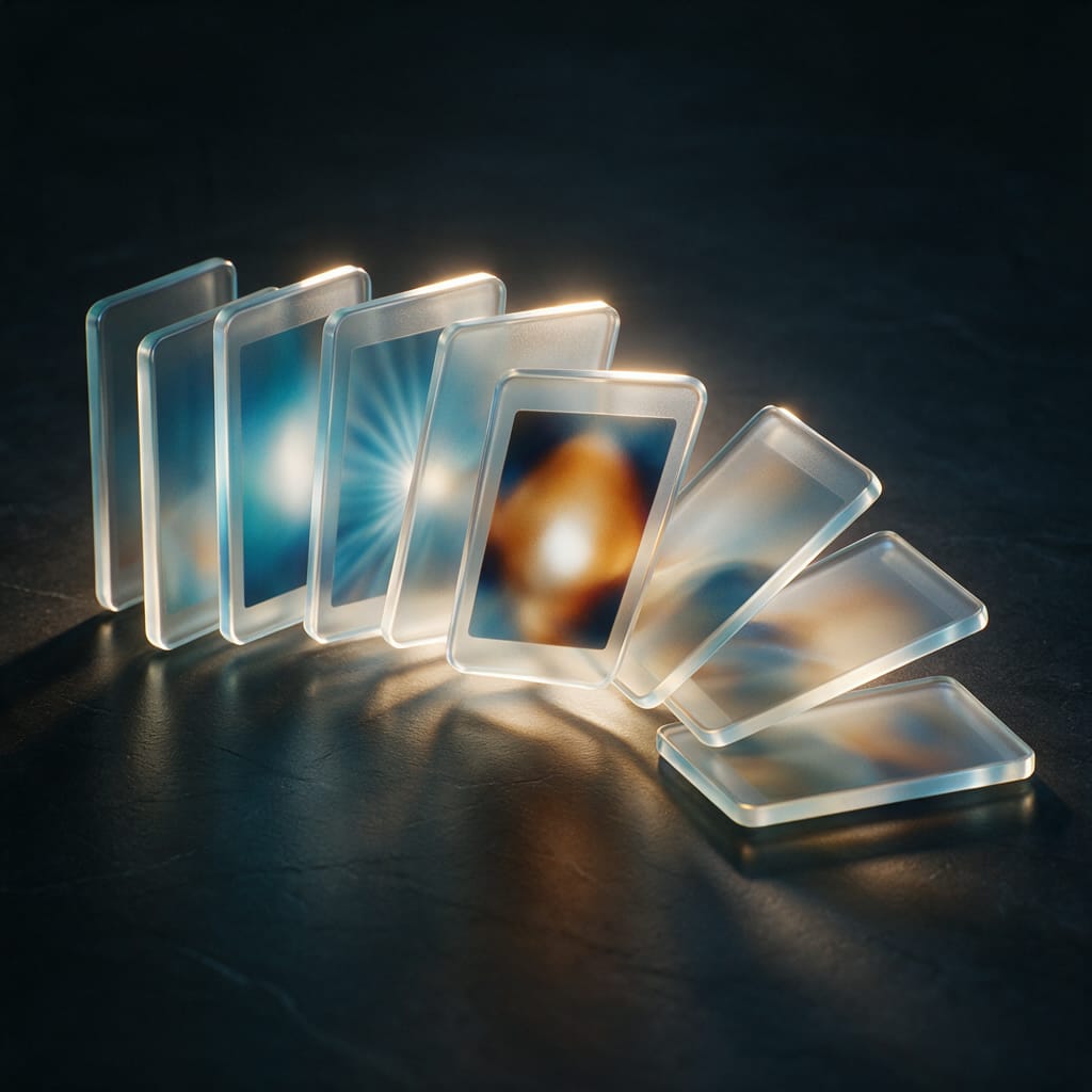 A fan of glowing glass frame cards on a dark table