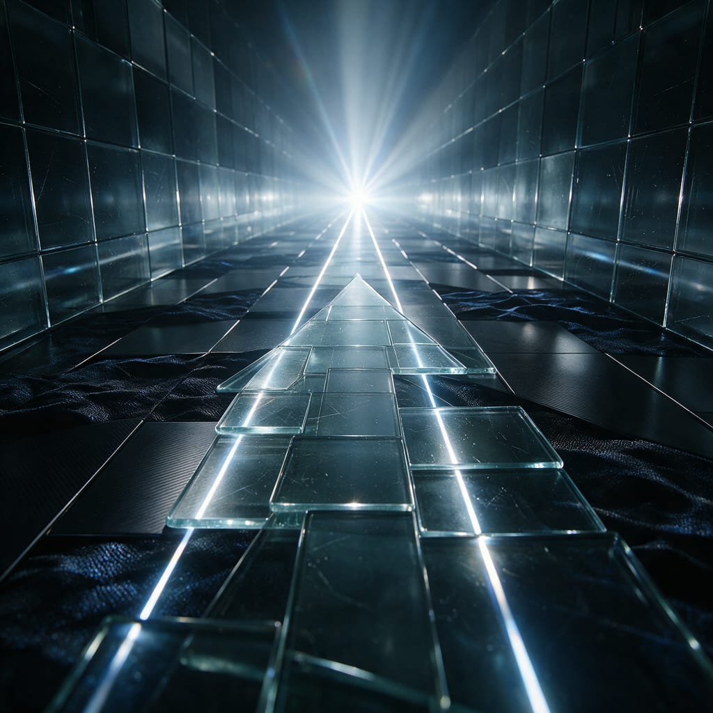 A glowing arrow path of glass panels on a dark background