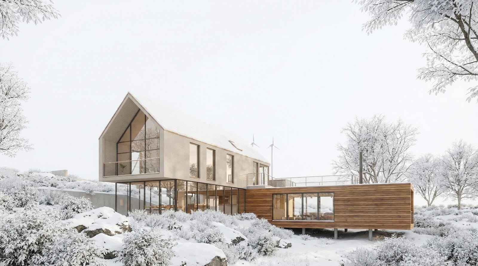 冬バージョン:途切れることのない雪の層に囲まれた家、明るい白い空の下、柔らかく目立たない影
