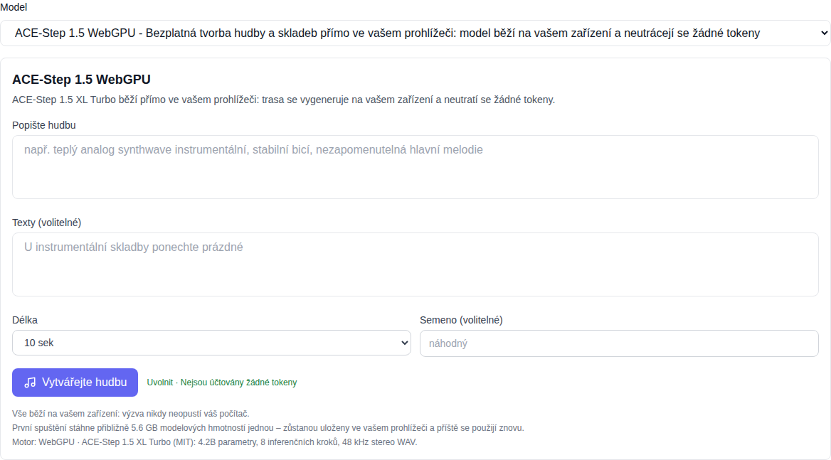 Sekce „Hudba“: model ACE-Step 1.5 WebGPU vybraný v dolní části seznamu, generační formulář označený jako „free“