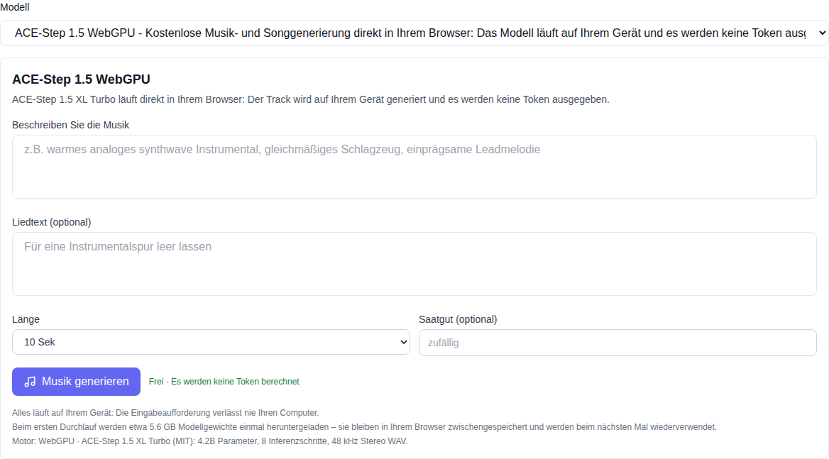 Abschnitt „Musik“: Modell ACE-Step 1.5 WebGPU unten in der Liste ausgewählt, Erzeugungsform mit „kostenlos“ gekennzeichnet