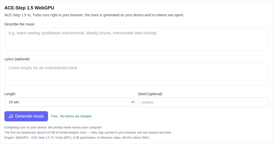 Music section: ACE-Step 1.5 WebGPU selected at the bottom of the model list, generation form marked as free