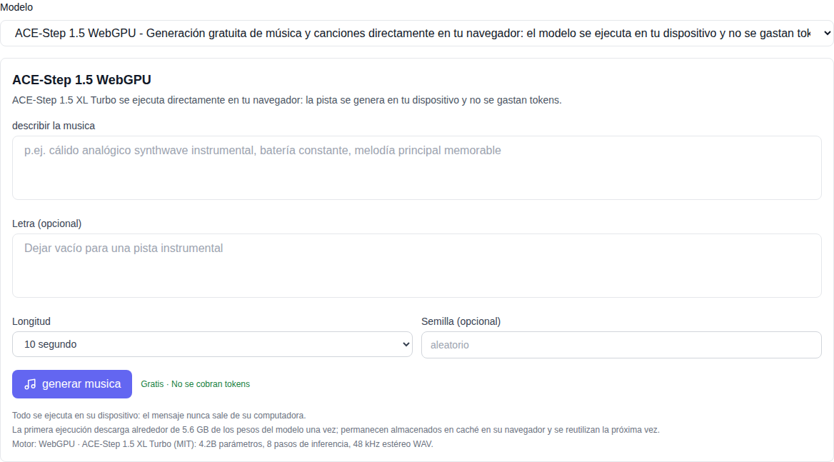 Sección “Música”: modelo ACE-Step 1.5 WebGPU seleccionado al final de la lista, formulario de generación marcado como “gratuito”