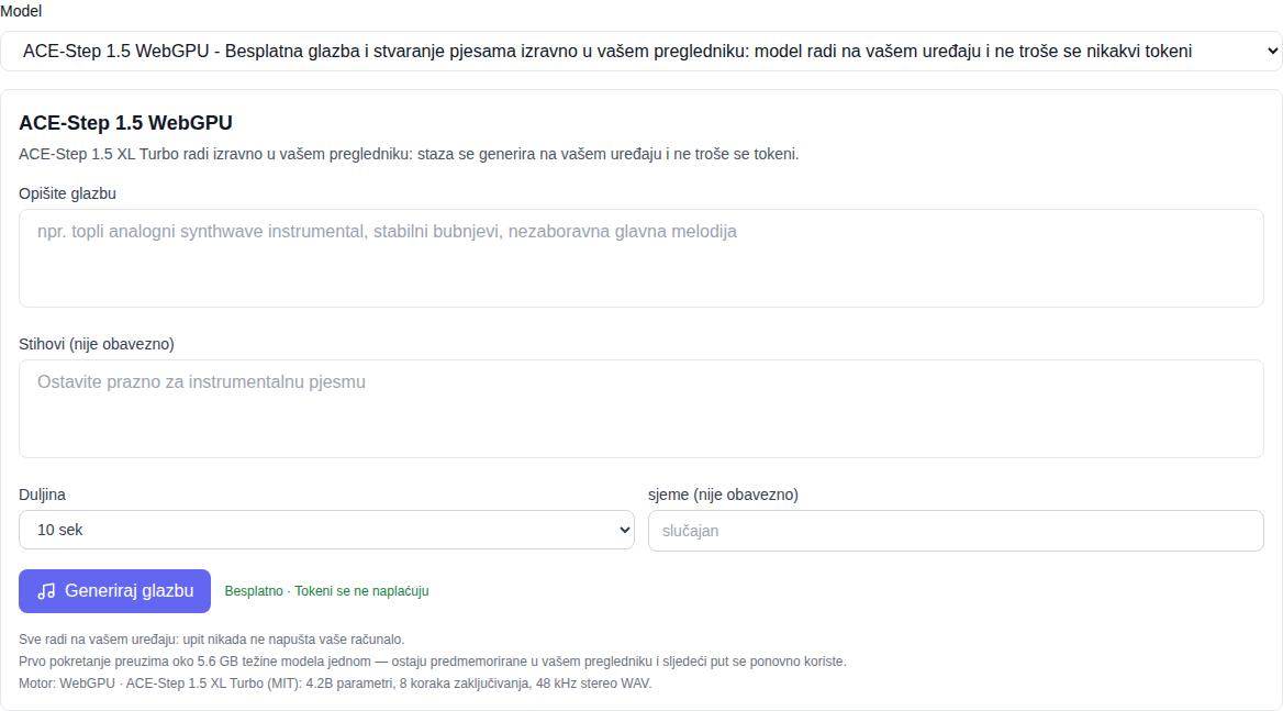 Odjeljak “Glazba”: model ACE-Step 1.5 WebGPU odabran na dnu popisa, obrazac za generiranje označen kao “besplatno”
