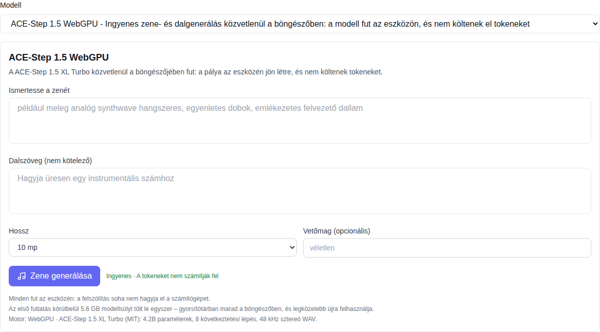 „Zene” rész: a ACE-Step 1.5 WebGPU modell a lista alján kiválasztva, a generációs űrlap „ingyenes” jelzéssel