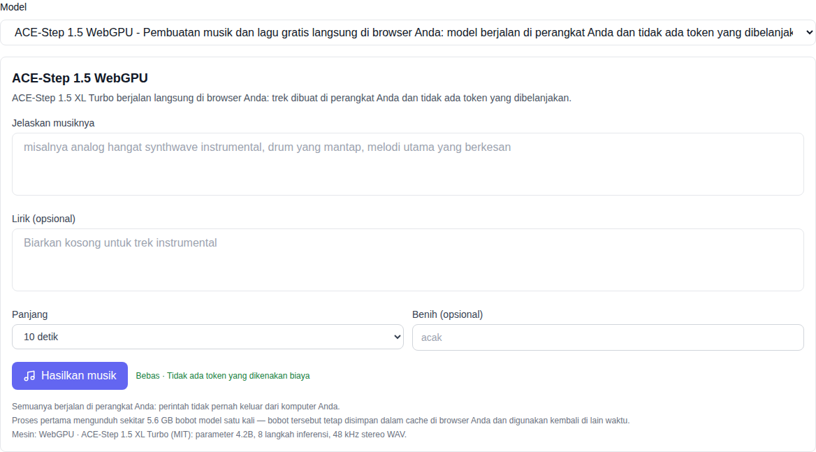 Bagian “Musik”: model ACE-Step 1.5 WebGPU dipilih di bagian bawah daftar, bentuk pembuatan ditandai “gratis”