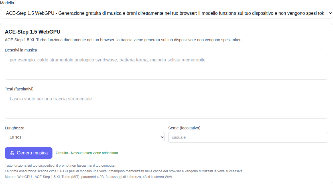 Sezione “Musica”: modello ACE-Step 1.5 WebGPU selezionato in fondo all'elenco, modulo di generazione contrassegnato come “gratuito”