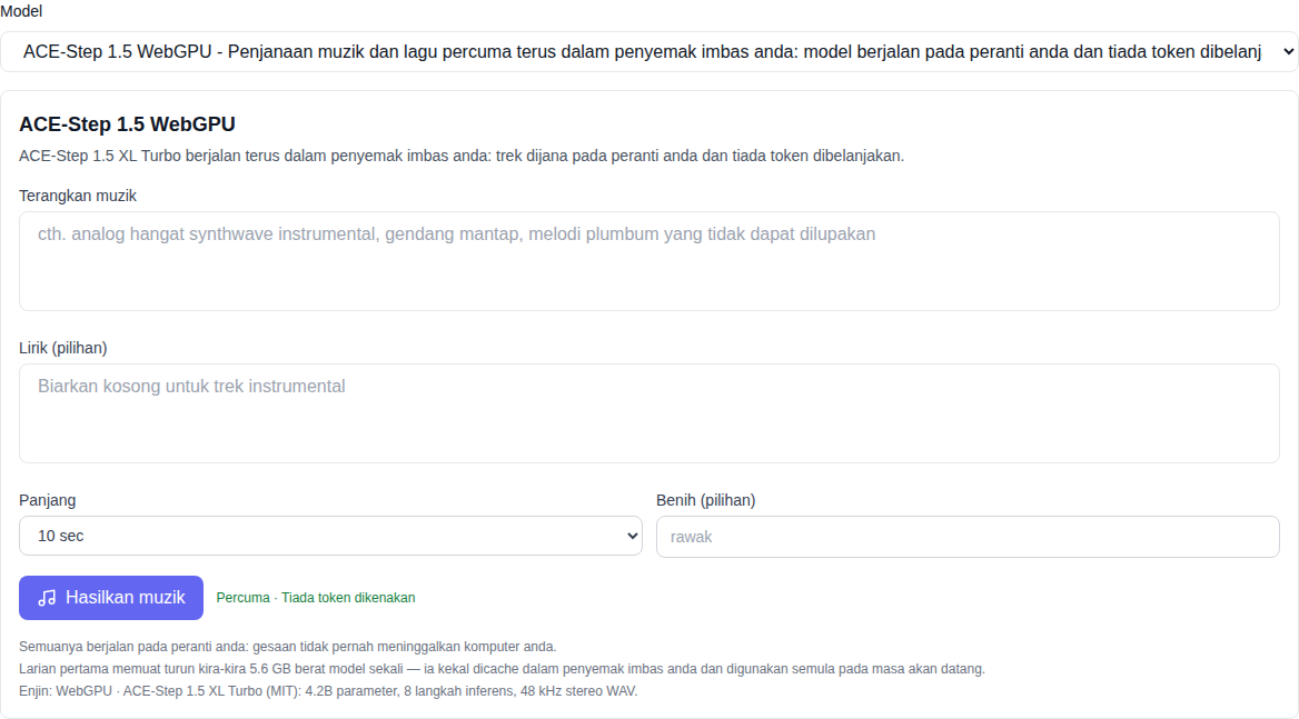 Bahagian “Muzik”: model ACE-Step 1.5 WebGPU dipilih di bahagian bawah senarai, borang penjanaan bertanda “percuma”