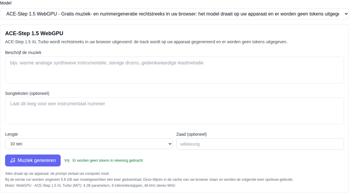 Sectie “Muziek”: model ACE-Step 1.5 WebGPU geselecteerd de lijst, generatieformulier gemarkeerd als “gratis”