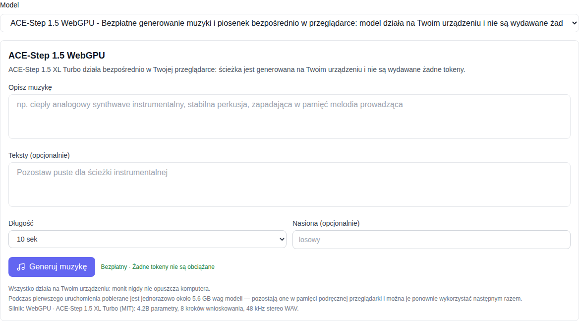 Sekcja „Muzyka”: model ACE-Step 1.5 WebGPU wybrany na listy rezerwowe, forma pokoleń oznaczona jako „bezpłatna”