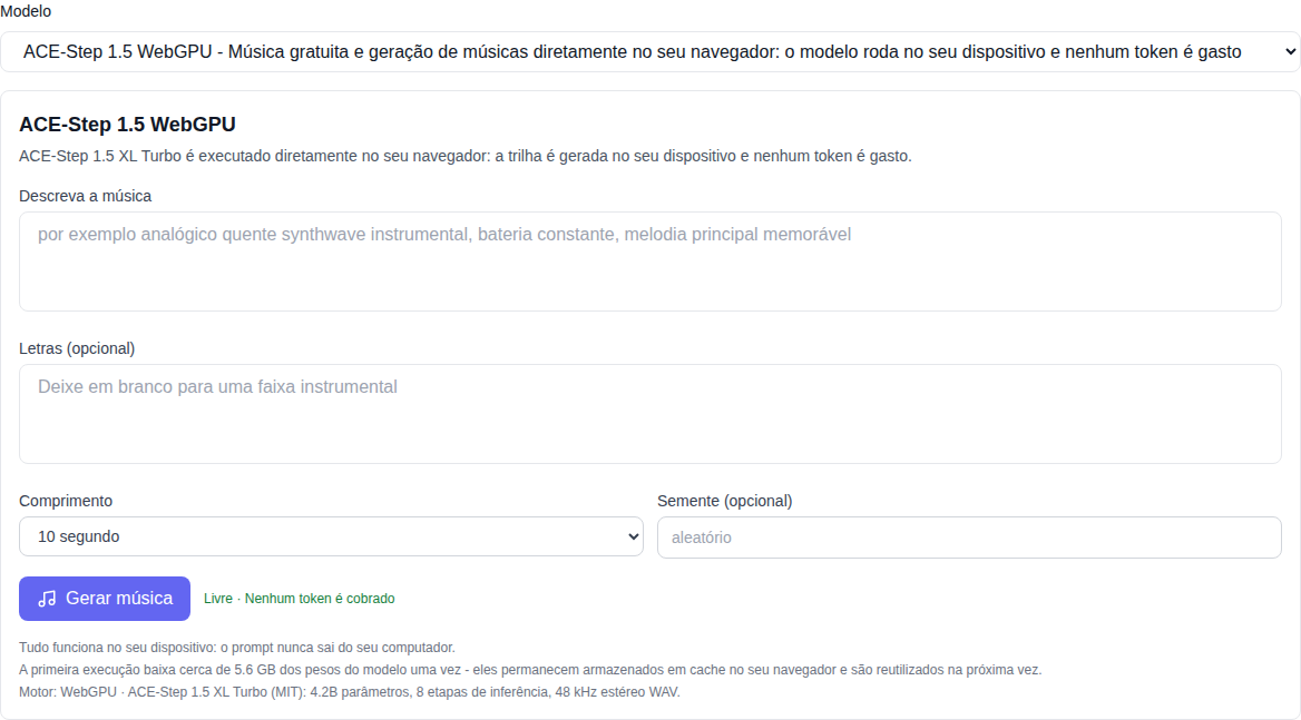 Seção “Música”: modelo ACE-Step 1.5 WebGPU selecionado no final da lista, formulário de geração marcado como “gratuito”