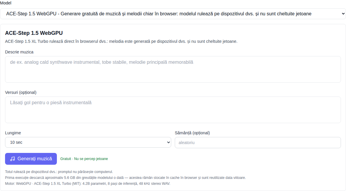 Secțiunea „Muzică”: modelul ACE-Step 1.5 WebGPU selectat în partea de jos a listei, formularul de generare marcat „gratuit”