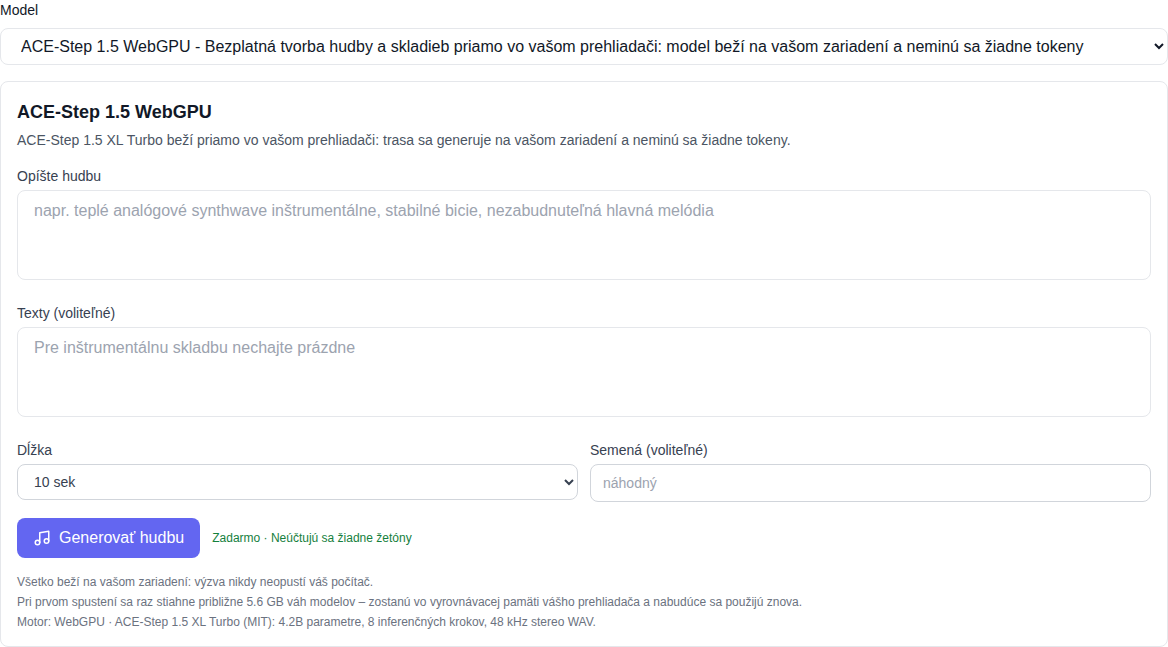 Sekcia „Hudba“: model ACE-Step 1.5 WebGPU vybraný v spodnej časti zoznamu, generačný formulár označený ako „zadarmo“