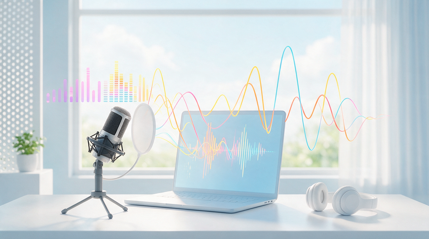 Bright studio: a microphone and vivid sound waves — neural text to speech right in the browser