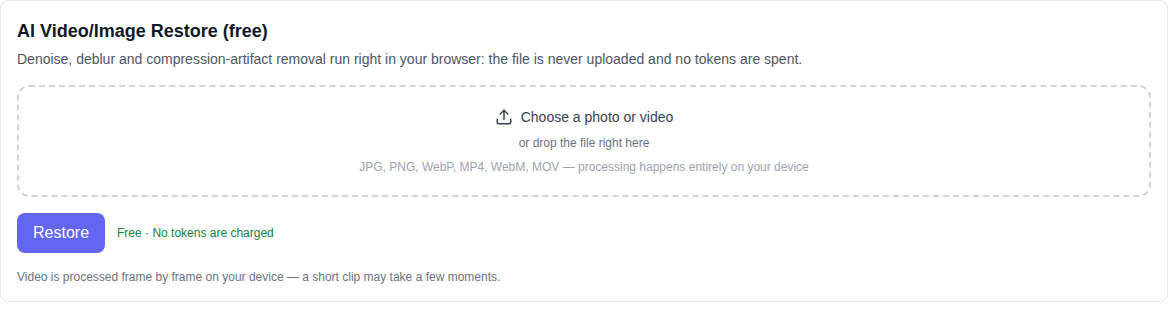 Sekce videa: nástroj AI Video/Image Restore (zdarma) s načteným videem, režimy obnovení, posuvníkem síly a náhledem výsledku