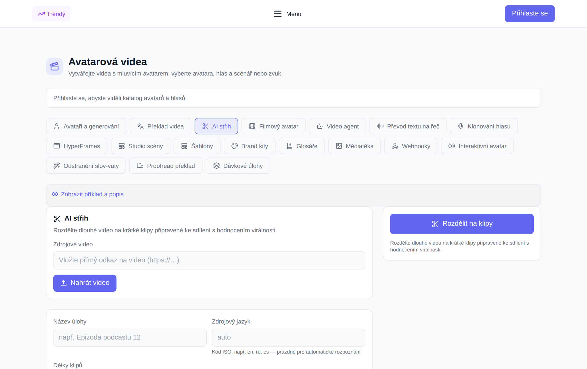 Sekce „Video avataři“ NeuralSpace, záložka „Střih klipu“: výběr trvání, poměr stran, nastavení pro výběr momentů a seznam připravených klipů