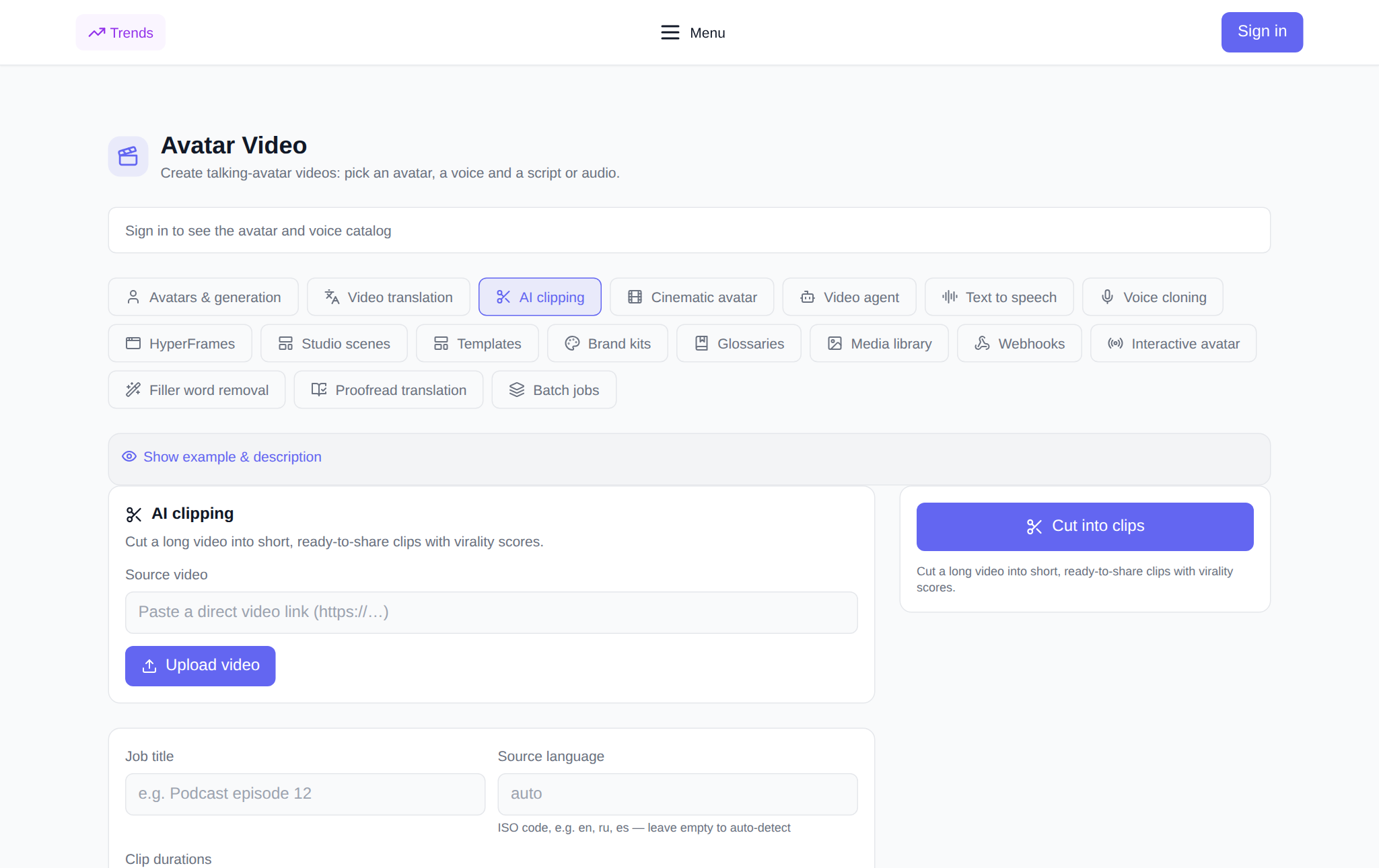 NeuralSpace Video avatars section, AI clipping tab: duration selectors, aspect ratio, editorial prompt, and list of rendered clips with virality scores