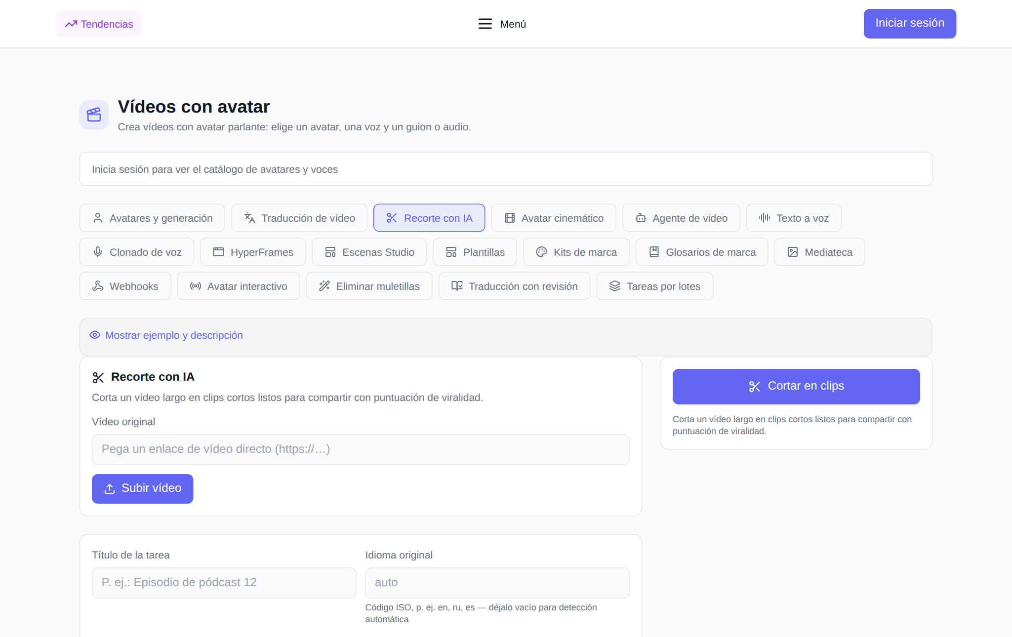 Sección “Avatares de video” NeuralSpace, pestaña “Corte de clip”: selección de duración, relación de aspecto, configuraciones para seleccionar momentos y una lista de clips listos para usar