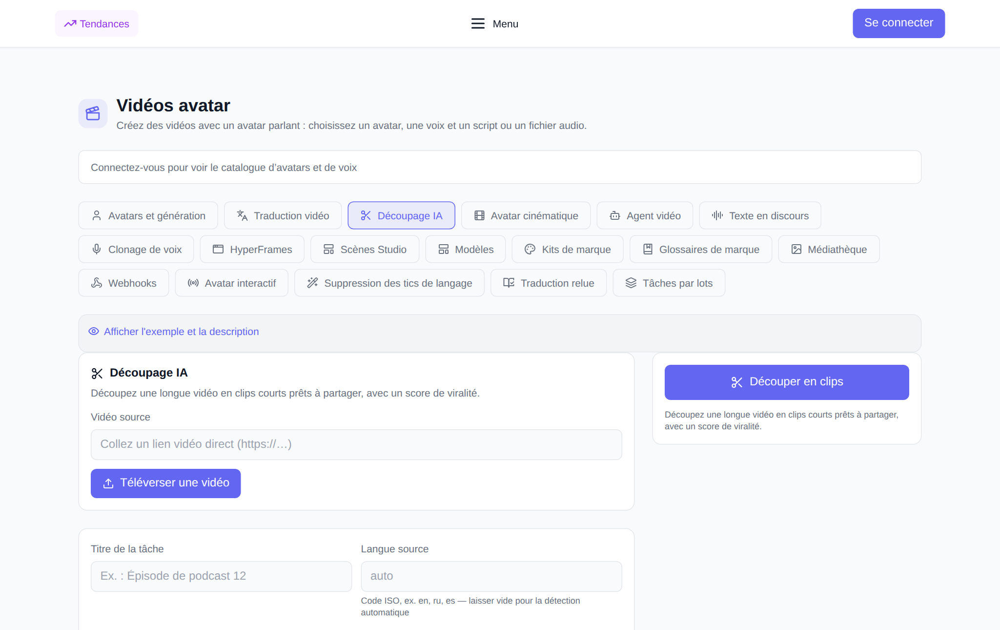 Section « Avatars vidéo » NeuralSpace, onglet « Découpe de clip » : sélection de la durée, du rapport hauteur/largeur, paramètres de sélection des moments et une liste de clips prêts à l'emploi