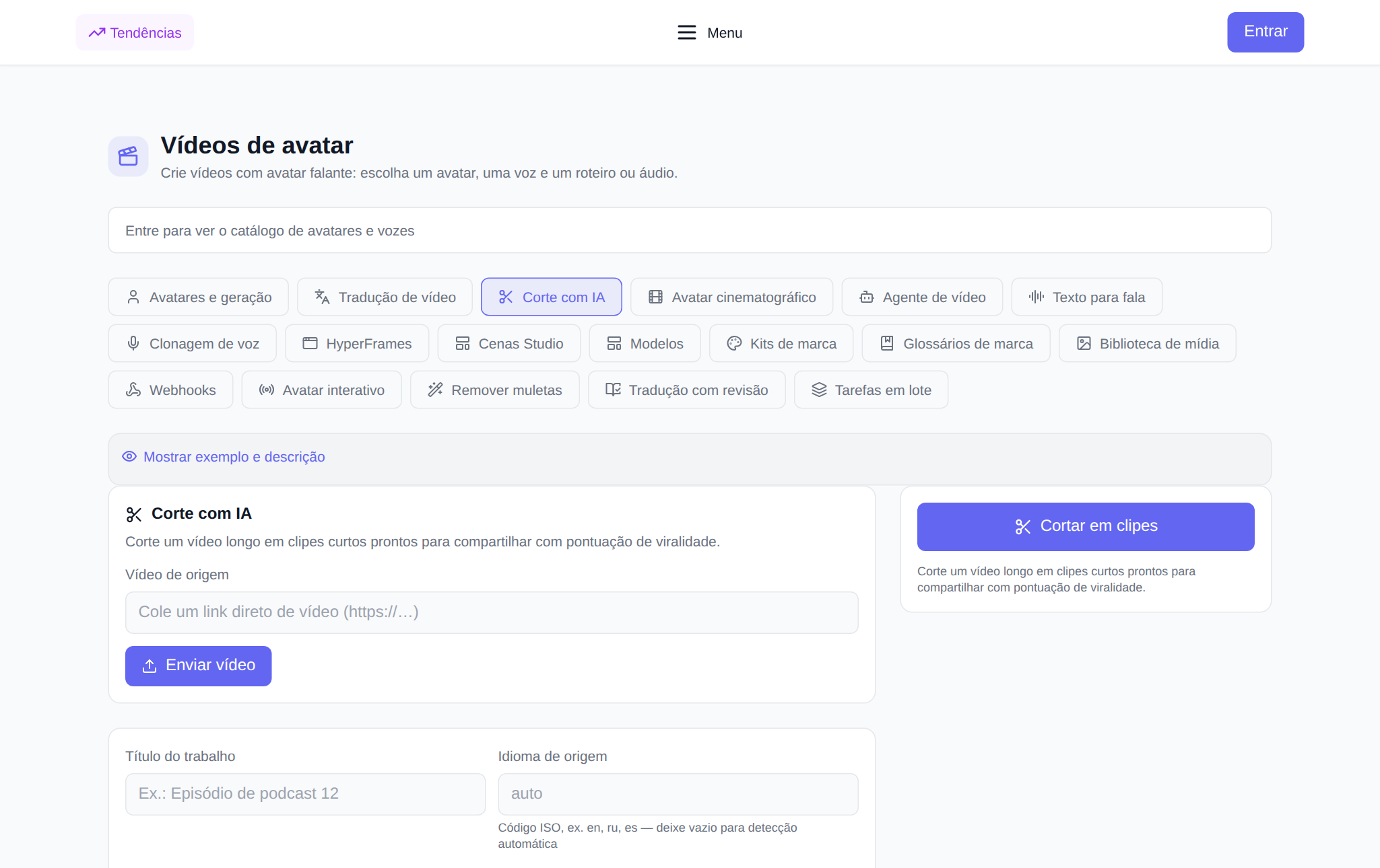 Seção “Avatares de vídeo” NeuralSpace, aba “Corte de clipe”: seleção de duração, proporção de aspecto, configurações para seleção de momentos e uma lista de clipes prontos