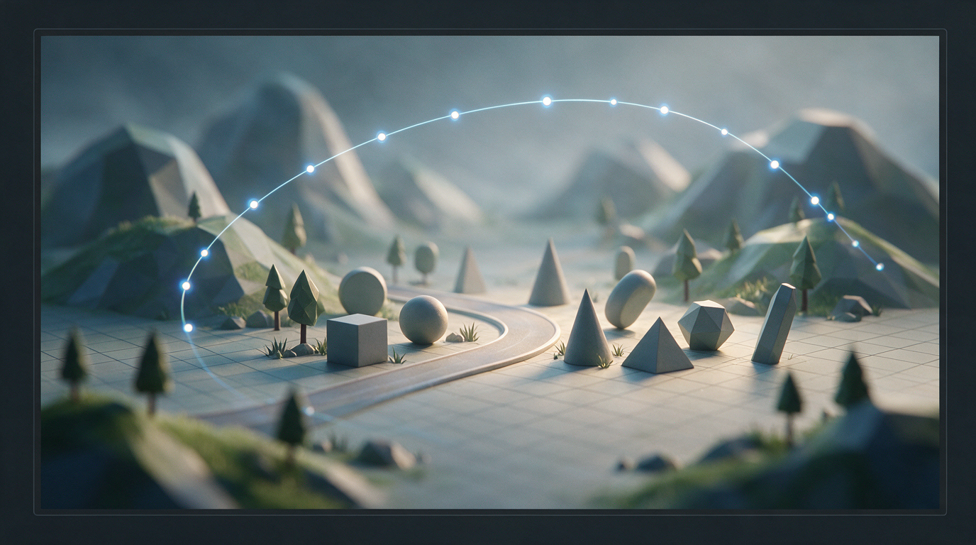 A rough 3D previz scene: simple low-poly objects and a glowing camera orbit path