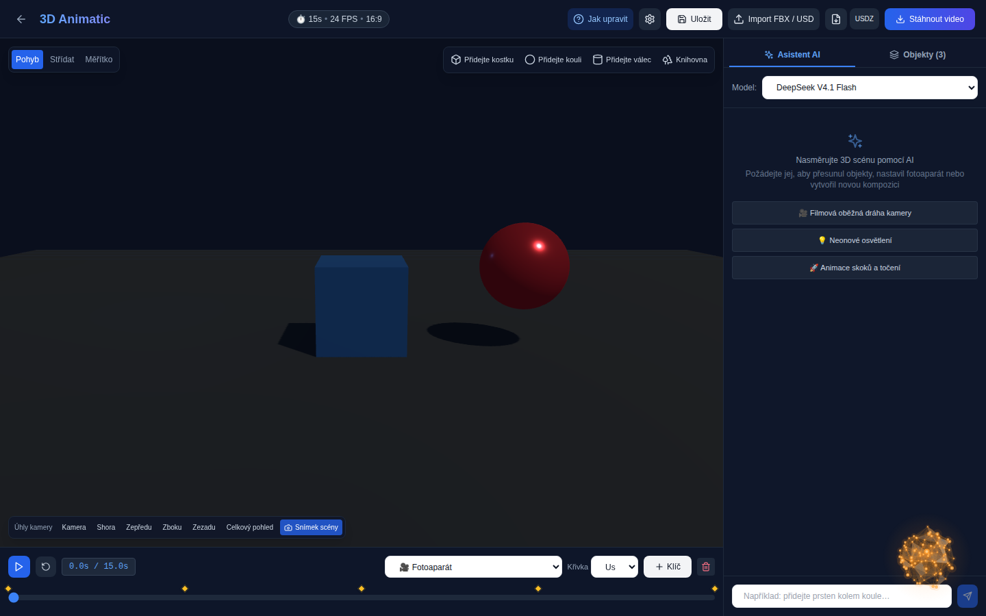 Editor „3DAnimatic“ v prohlížeči: 3D-scéna, časová osa s klíčovými snímky a chat s AI