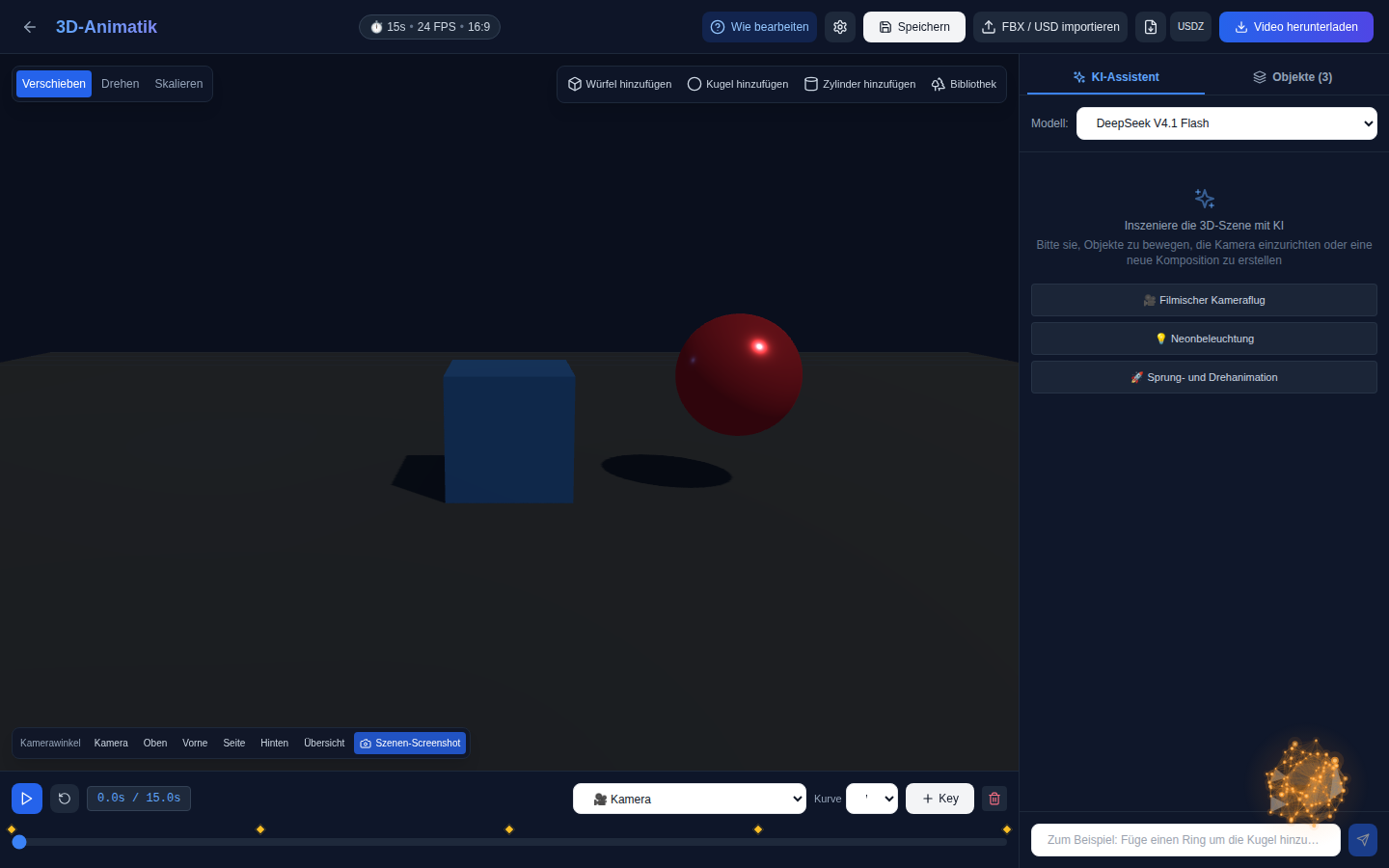 „3DAnimatic“-Editor im Browser: 3D-Szene, Timeline mit Keyframes und Chat mit KI