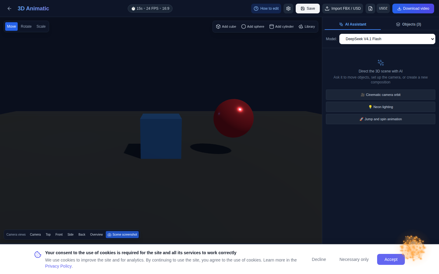 The 3D Animatic editor in a browser: a 3D scene, a keyframe timeline and an AI chat panel