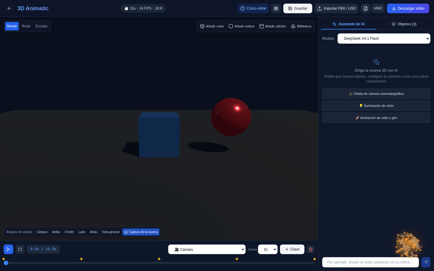 Editor “3DAnimatic” en el navegador: 3D-escena, línea de tiempo con fotogramas clave y chat con IA