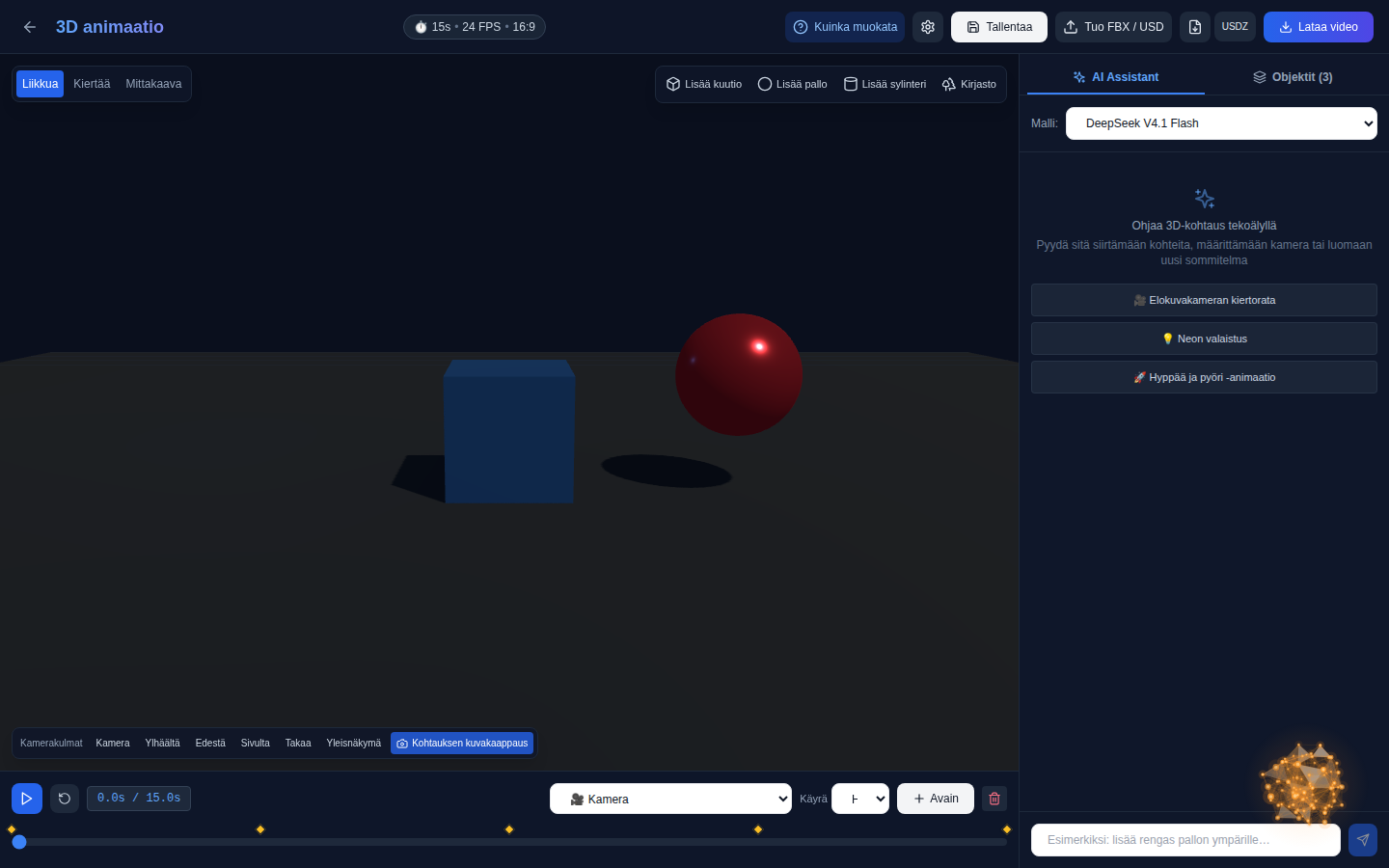 “3DAnimaattinen” editori sivuessa: 3D-kohtaus, aikajana avainkehyksillä ja chat tekoälyn kanssa
