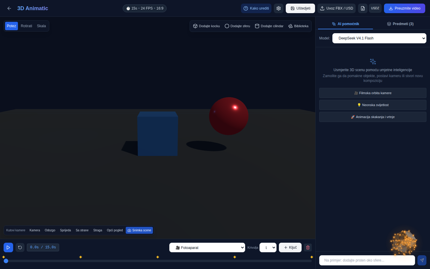 “3DAnimatic” uređivač u pregledniku: 3D-scena, vremenska traka s ključnim kadrovima i chat s AI