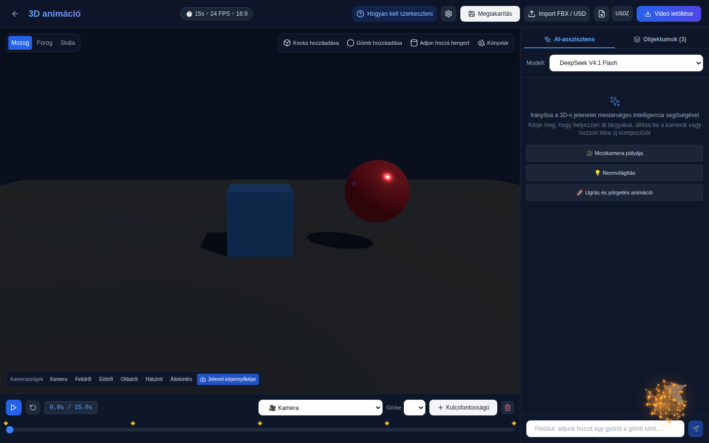 „3DAnimatic” szerkesztő a böngészőben: 3D-jelenet, idővonal kulcskockákkal és csevegés AI-val