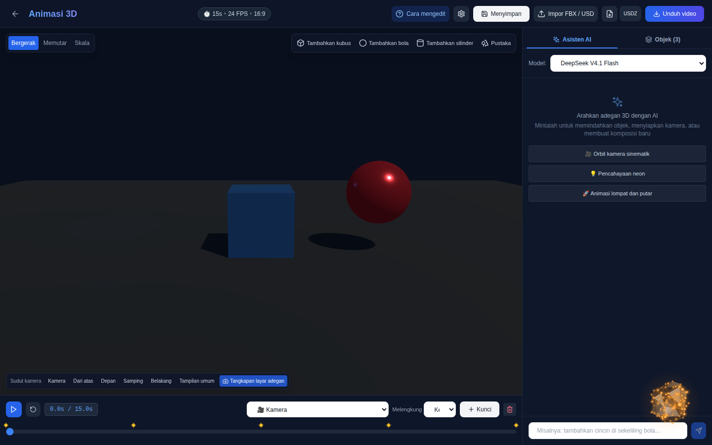 Editor “3DAnimatic” di browser: 3D-adegan, garis waktu dengan bingkai utama, dan disatukan dengan AI