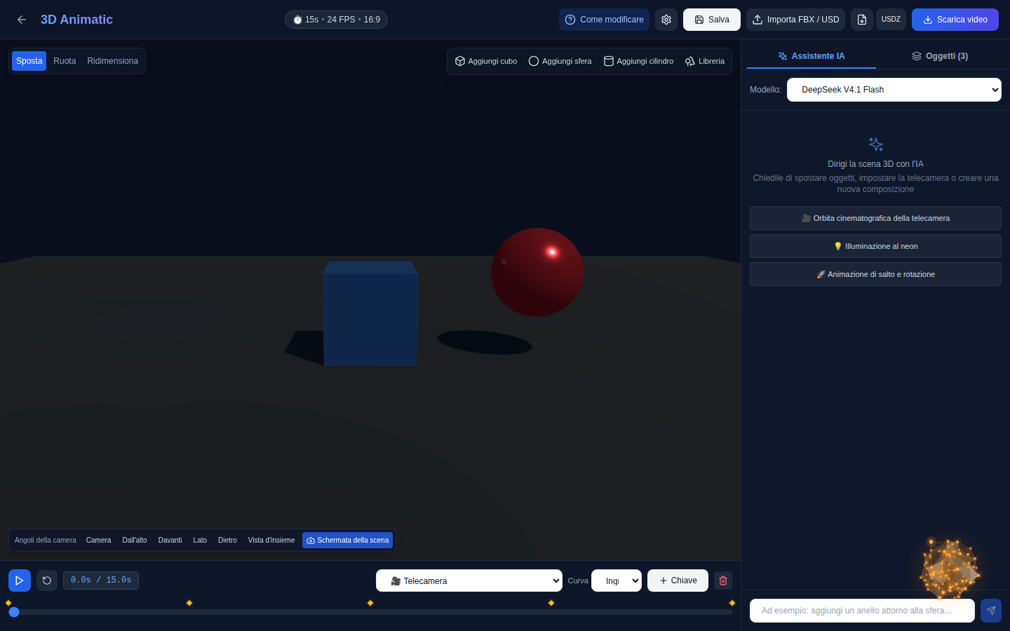 Editor “3DAnimatic” nel browser: scena 3D, timeline con fotogrammi chiave e chat con AI