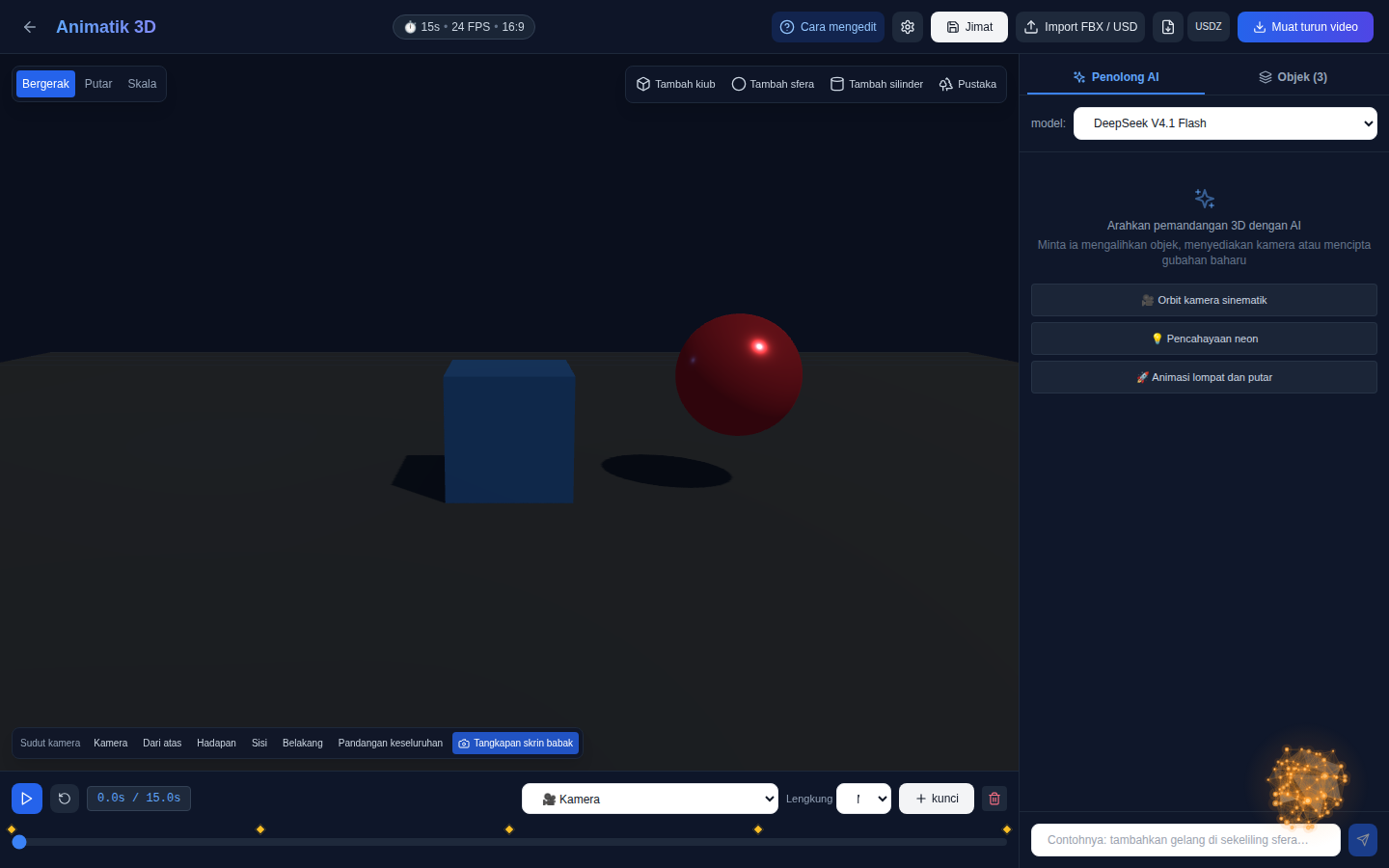 Editor “3DAnimatik” dalam penyemak imbas: 3D-scene, garis masa dengan bingkai utama dan sembang dengan AI