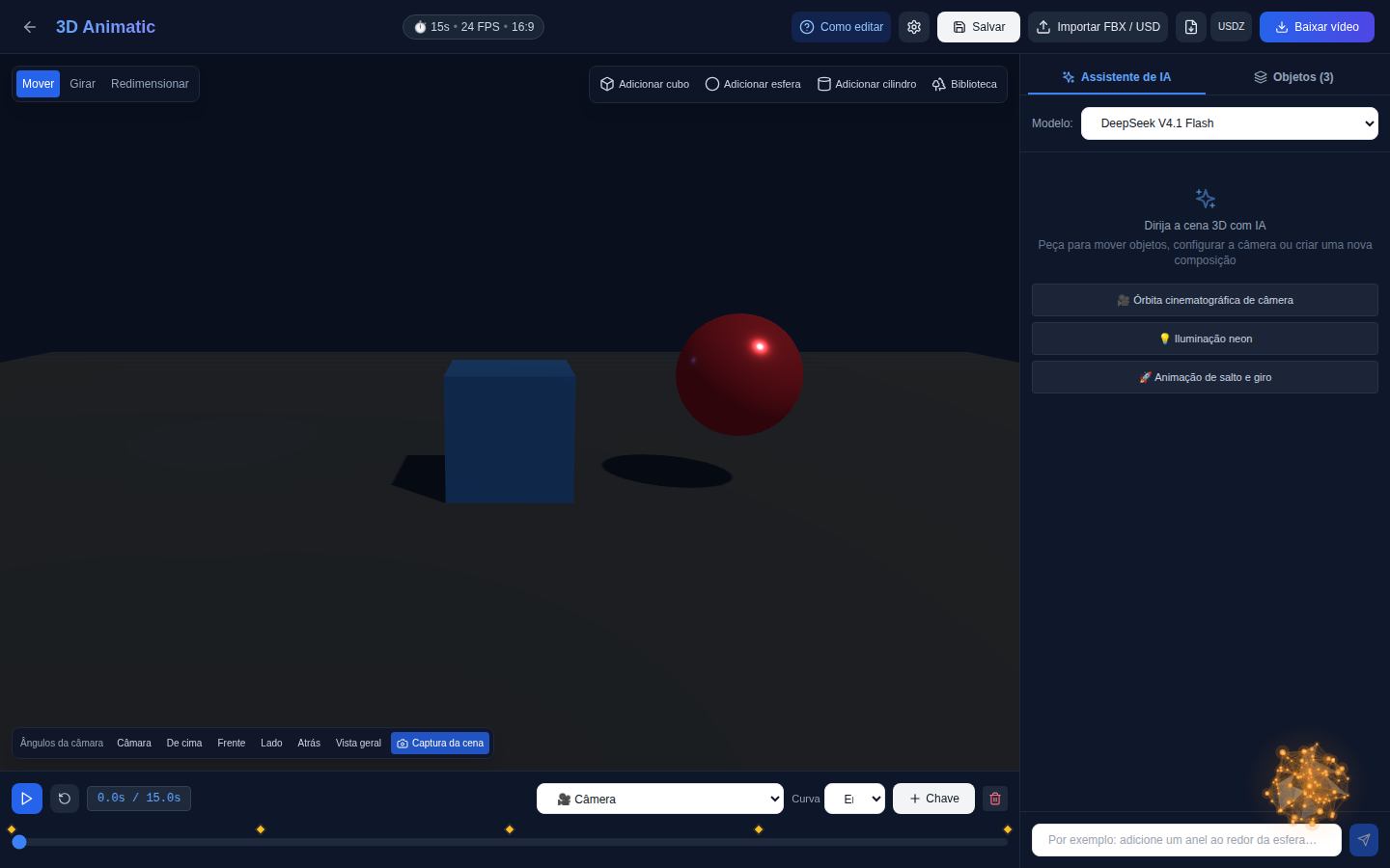 Editor “3DAnimatic” no navegador: 3D-cena, linha do tempo com quadros-chave e bate-papo com IA