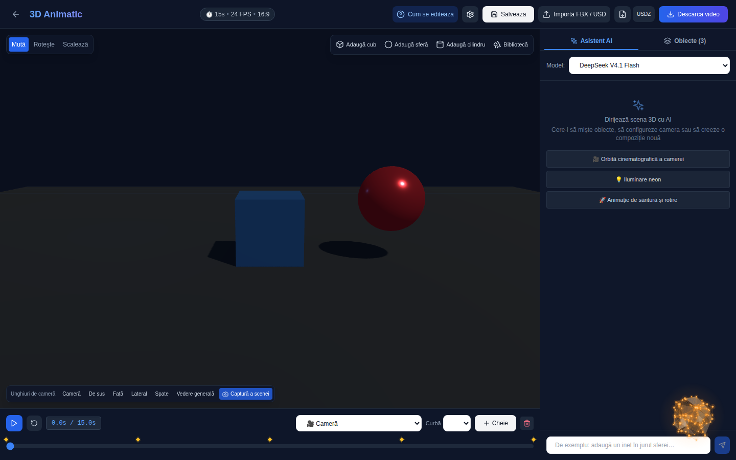 Editor „3DAnimatic” în browser: 3D-scenă, cronologie cu cadre cheie și chat cu AI