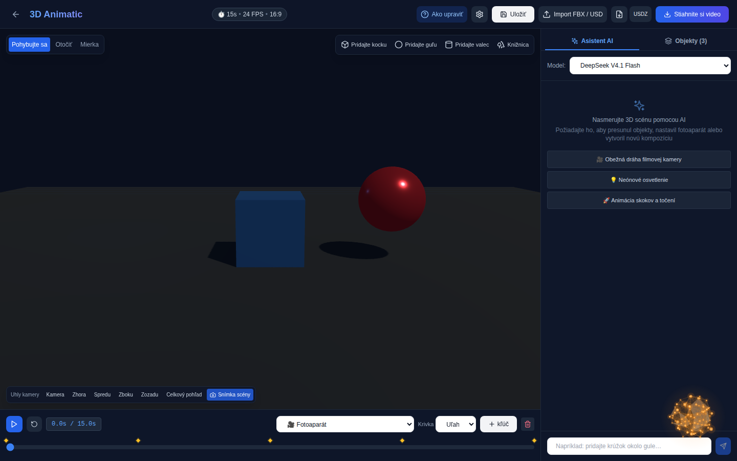 Editor „3DAnimatic“ v prehliadači: 3D-scéna, časová os s kľúčovými snímkami a chat s AI