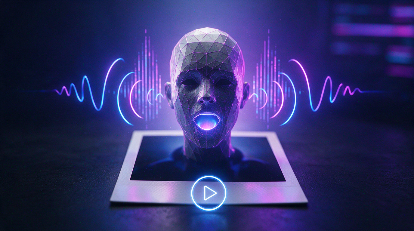 Ein stilisierter 3D-Avatar mit offenem Mund erhebt sich aus einem Bilderrahmen, in der Nähe befinden sich Schallwellen und eine Wiedergabetaste.
