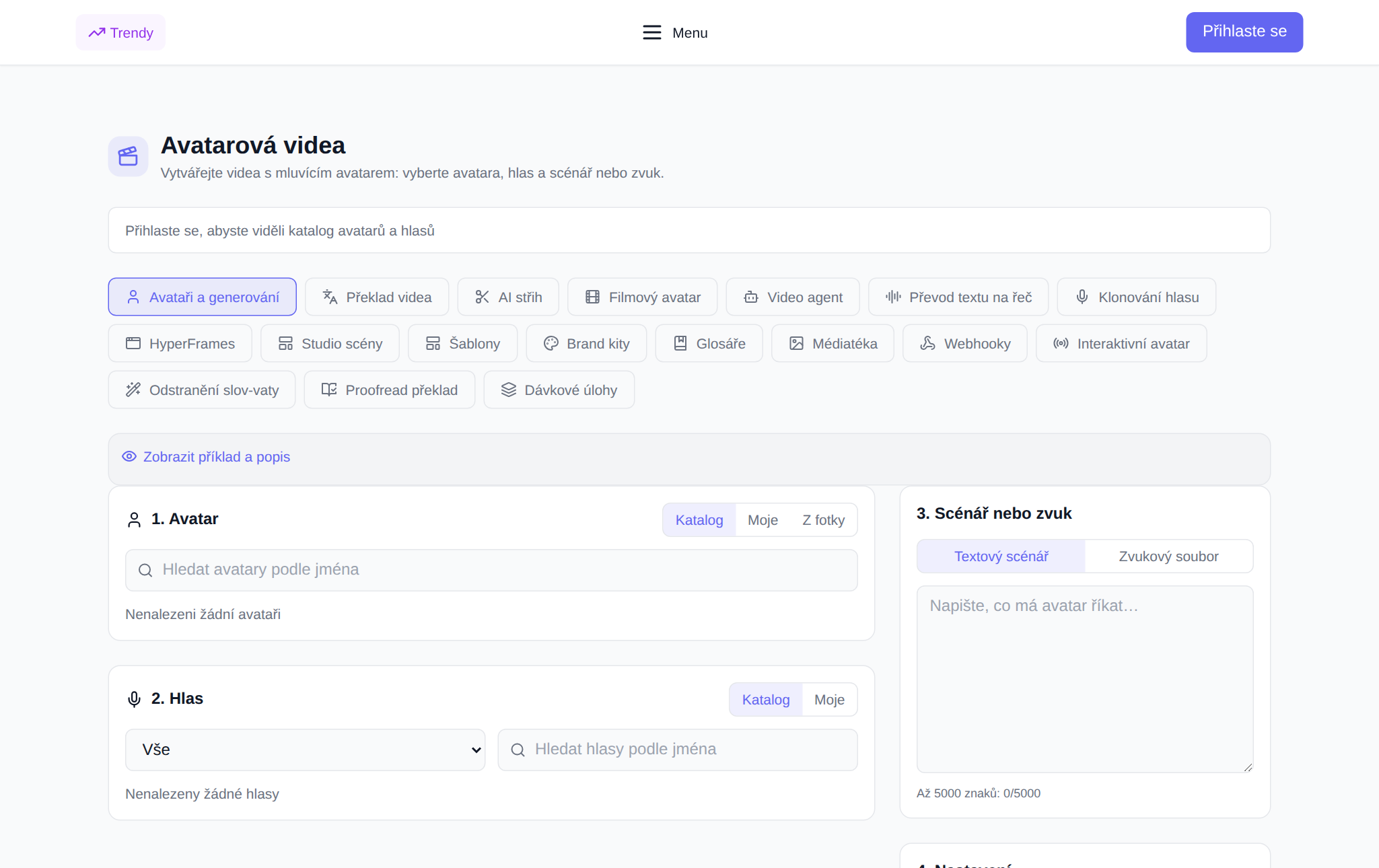 Sekce „Video avatary“ NeuralSpace: karty nástrojů a formulář pro generování mluvícího videa