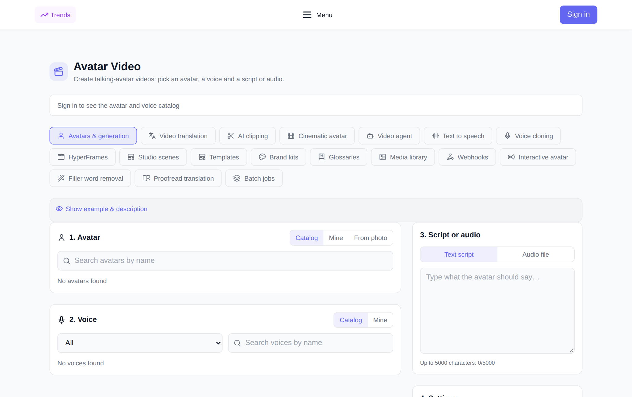 Bagian “Avatar video” NeuralSpace: tab alat dan formulir pembuatan video berbicara
